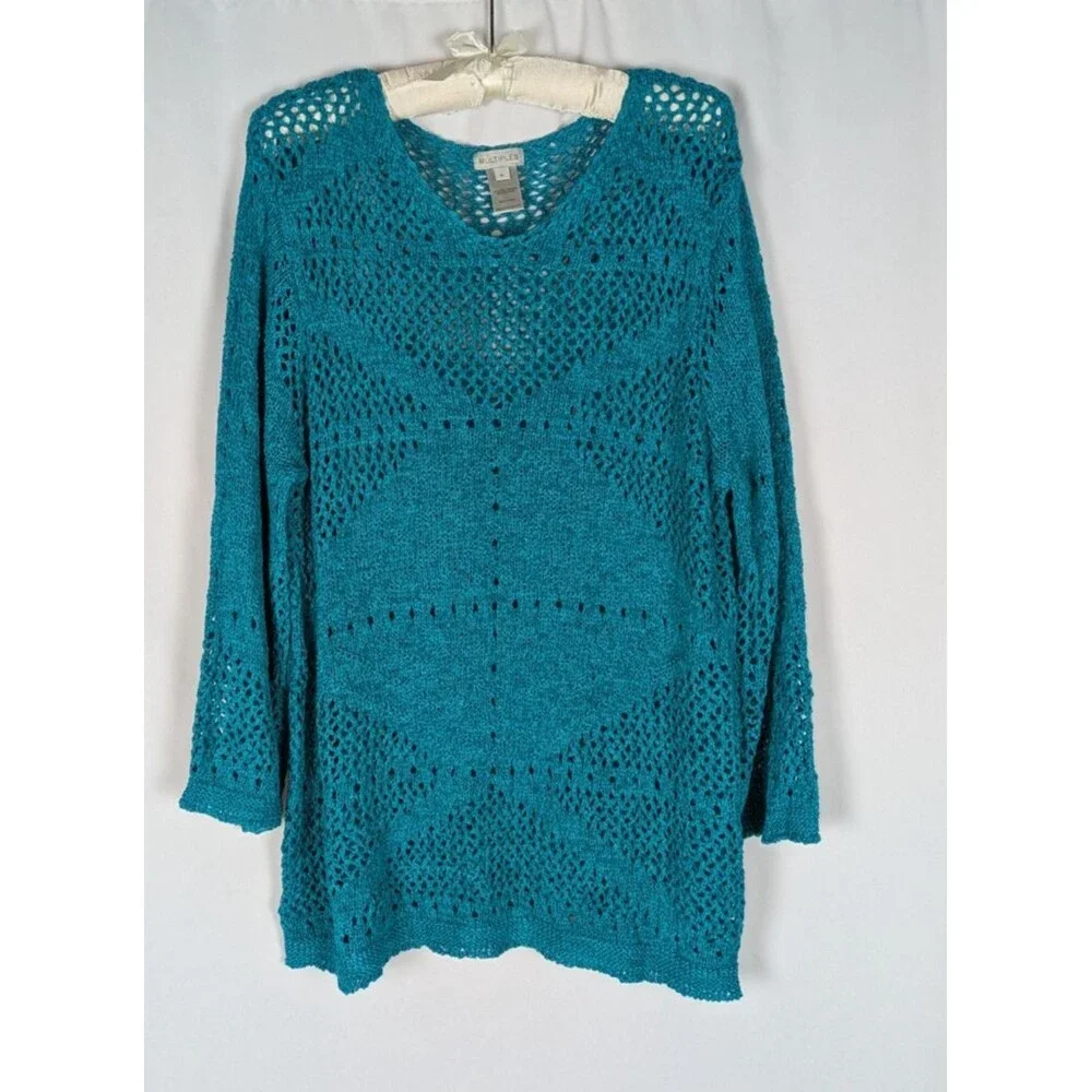 Multiples XL Teal Turquoise Open Knit Sweater Coastal Grandmother Mermaidcore